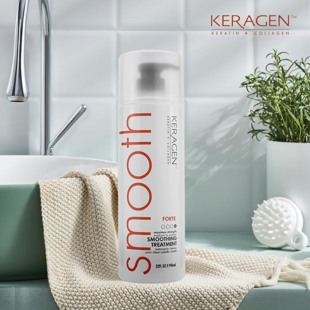 Detail of the Keragen Forte branding on the hair treatment container.
