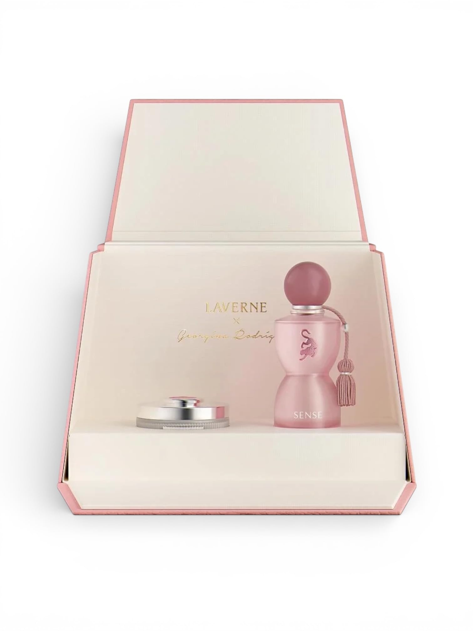 Laverne Sense women's fragrance collection beautifully arranged inside the pink vanity tote bag