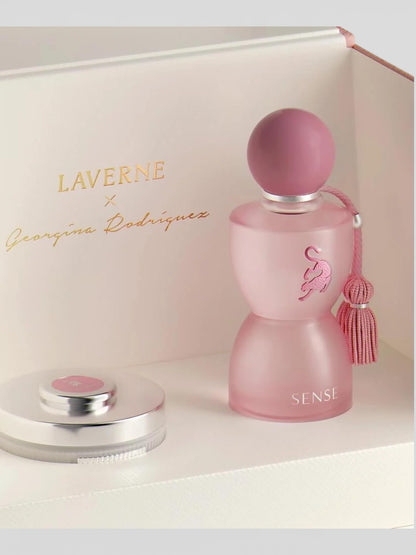 Close-up view of the luxury Saudi brand Laverne Sense perfume packaging with a designer scarf handle