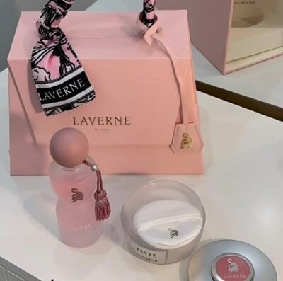 Laverne Sense floral fruity Eau de Parfum bottle alongside the matching pink scented dusting powder box