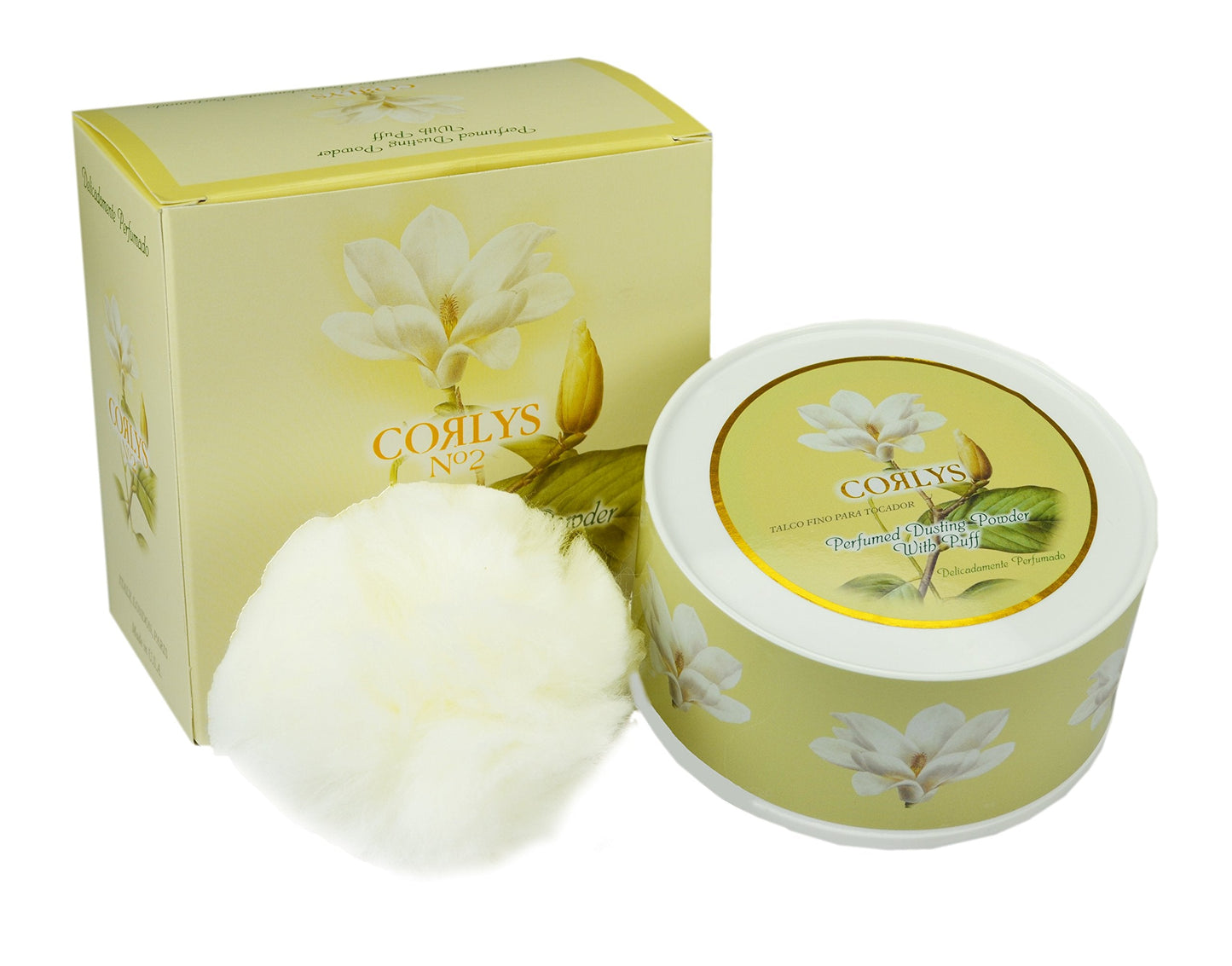 Corlys 6 Ounce talcum body powder container showing the ultra-fine silky texture