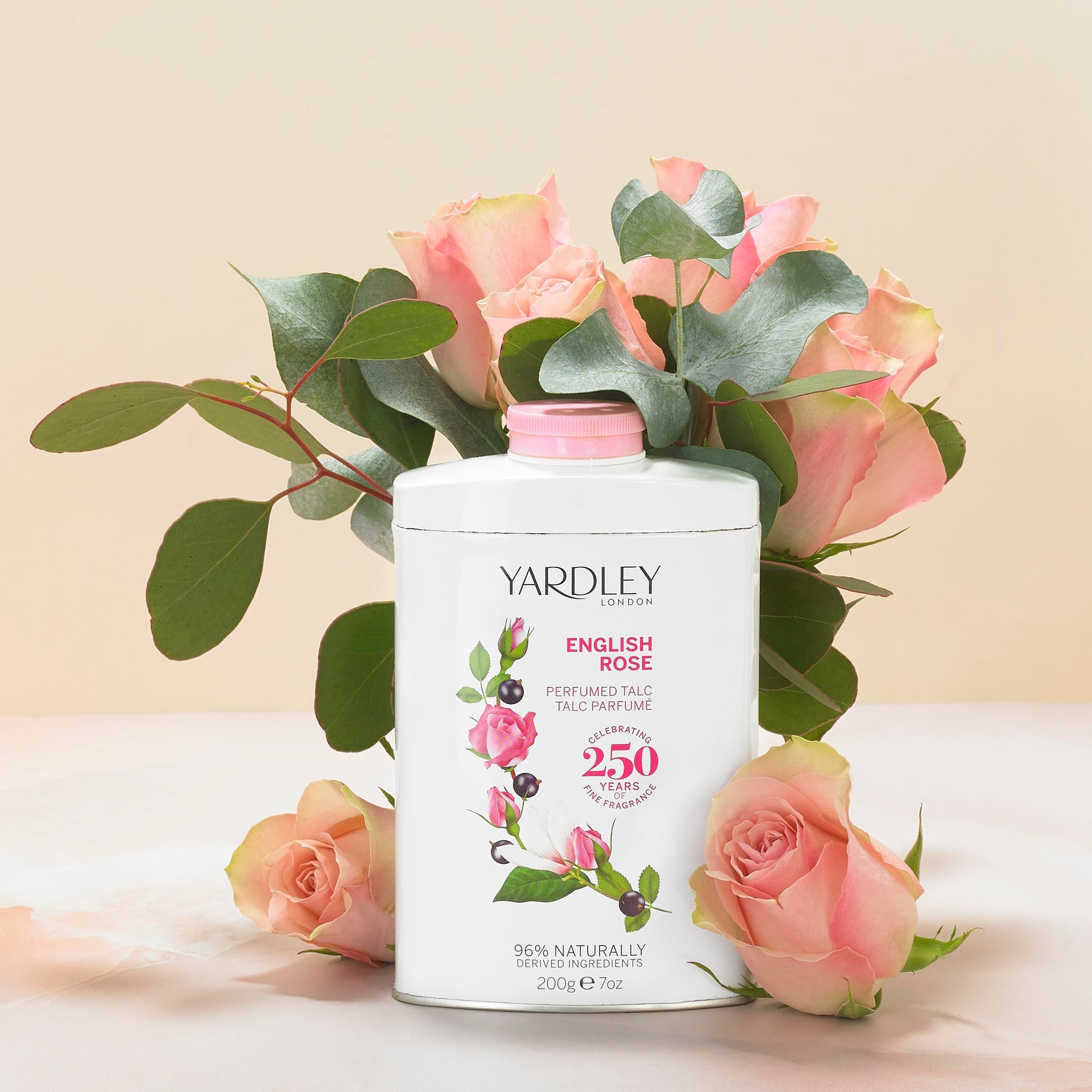 Yardley of London luxury body powder showing the classic English Rose scented packaging design