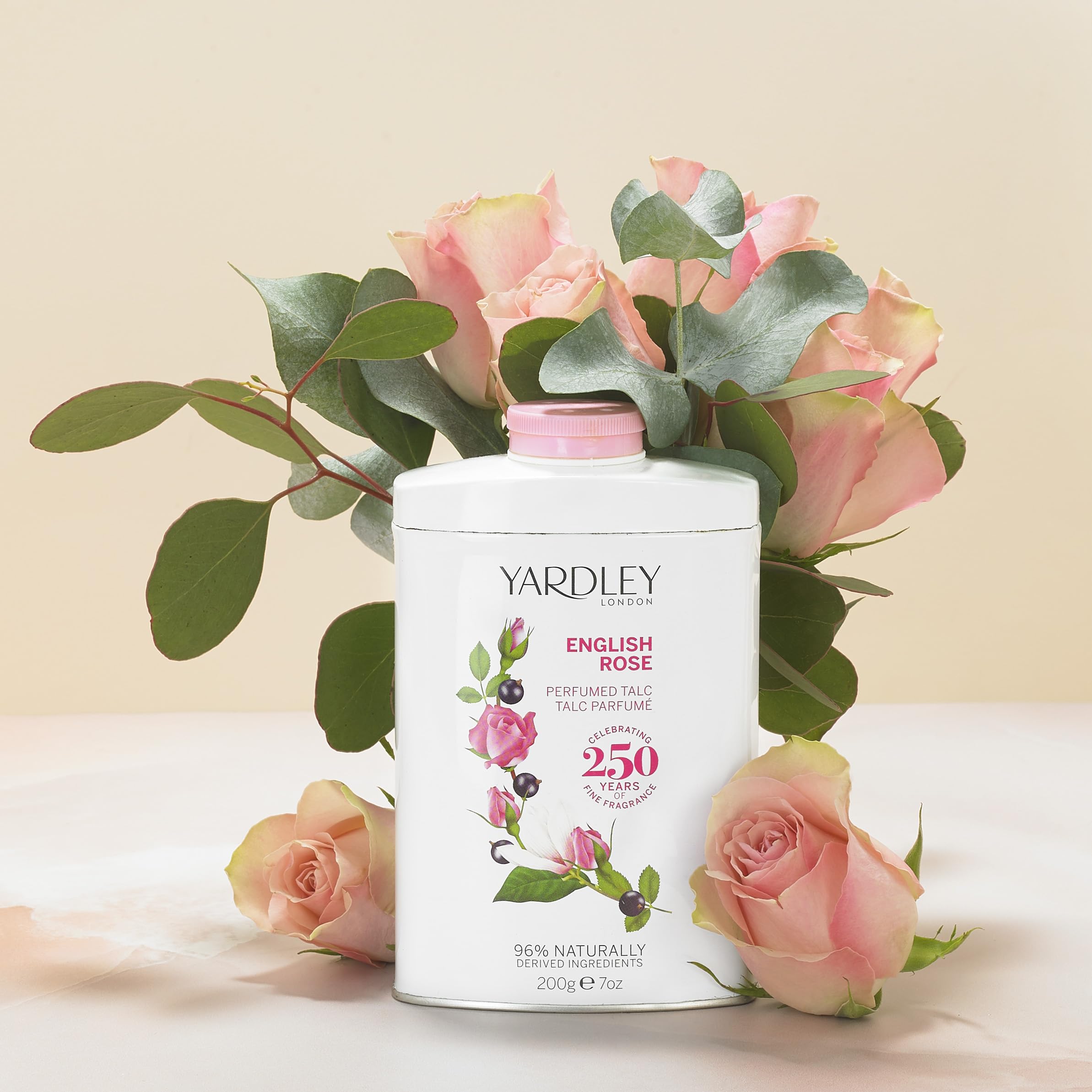 Yardley of London luxury body powder showing the classic English Rose scented packaging design