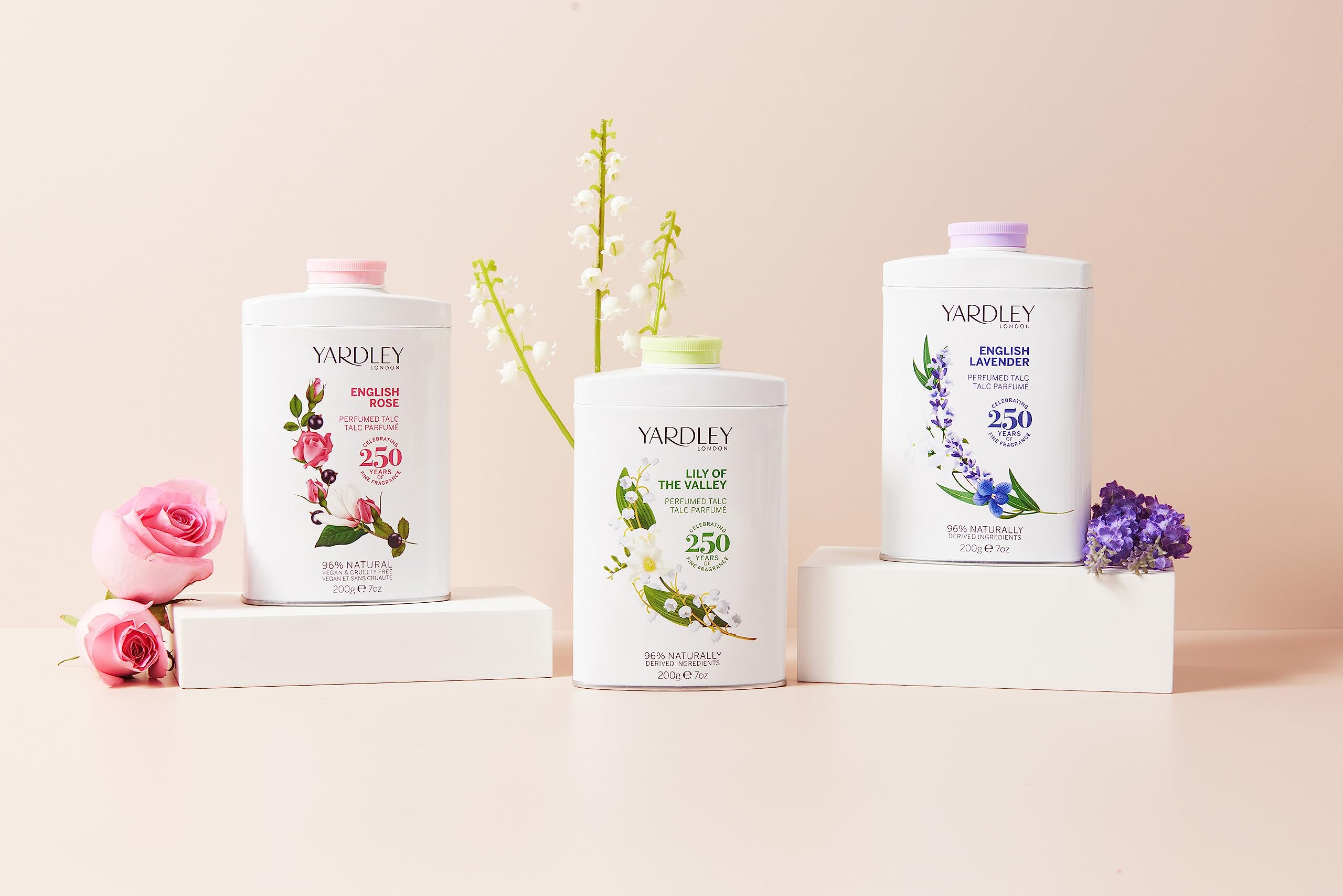 Authentic imported Yardley London floral talc powder displayed on a clean vanity setup