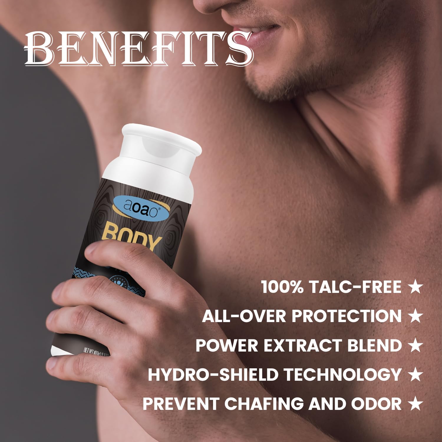 AOAO anti chafing dusting powder back label showing zinc oxide ingredients