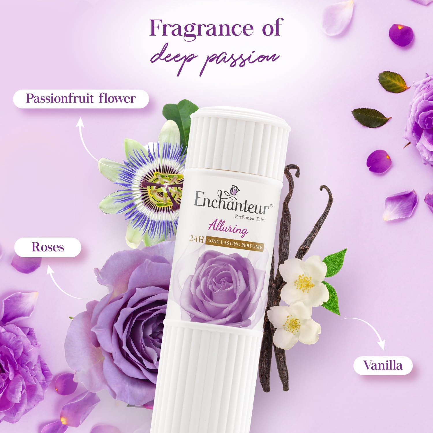 Enchanteur Alluring body talcum powder bottle highlighting passionfruit flowers and rose notes