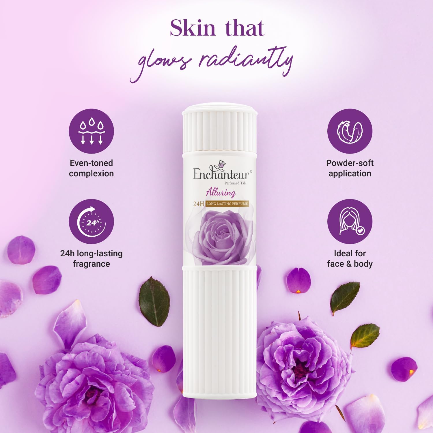 Finely milled Enchanteur Alluring perfumed talc for smooth skin and moisture absorption