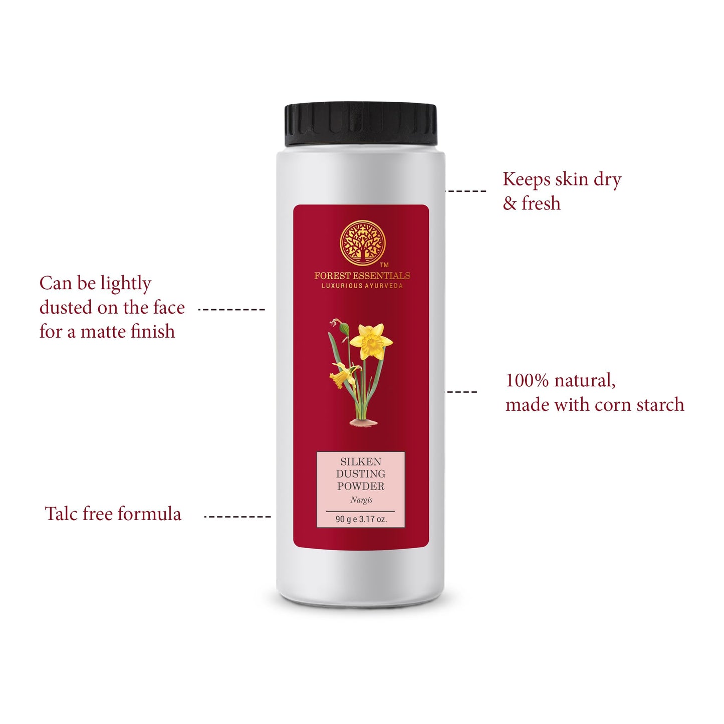 Forest Essentials Nargis body powder container highlighting the premium corn starch and cocoa butter formula