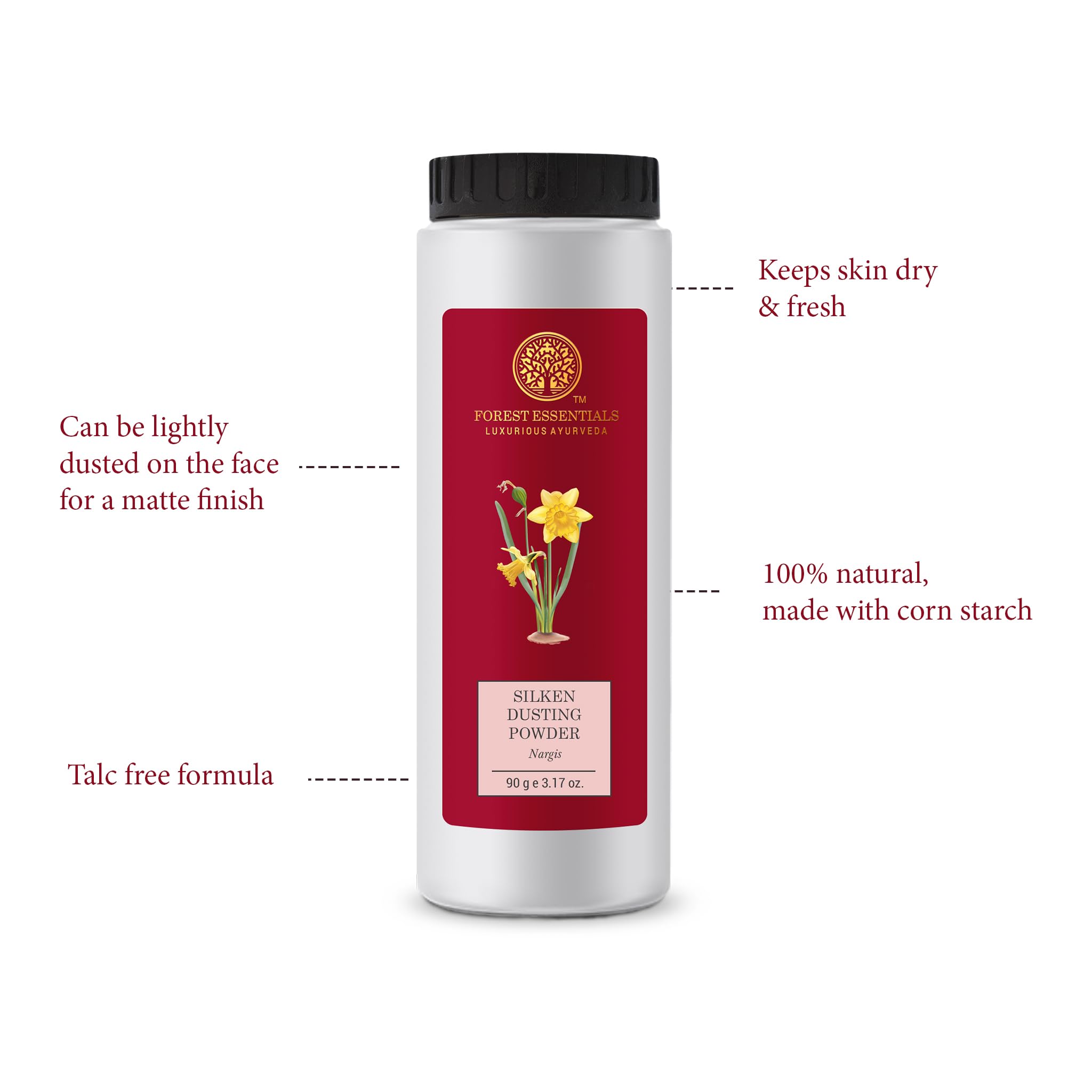 Forest Essentials Nargis body powder container highlighting the premium corn starch and cocoa butter formula