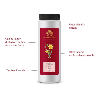 Forest Essentials Nargis body powder container highlighting the premium corn starch and cocoa butter formula