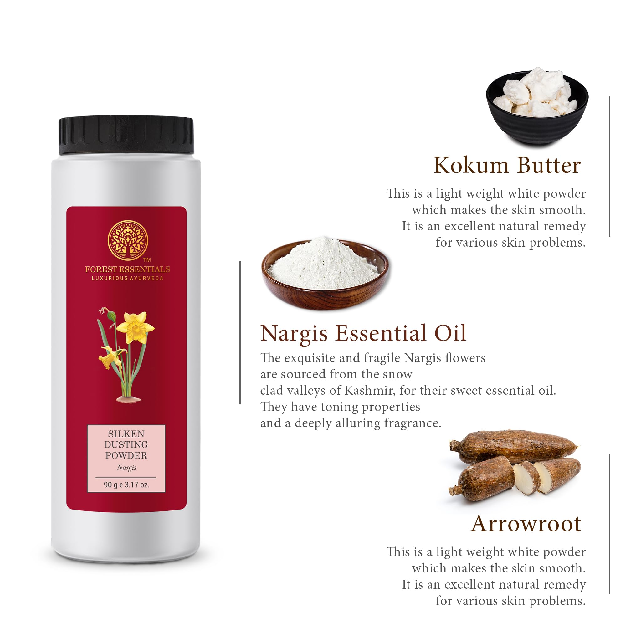 Side profile of Forest Essentials silken dusting powder packaging showcasing the natural ingredients list