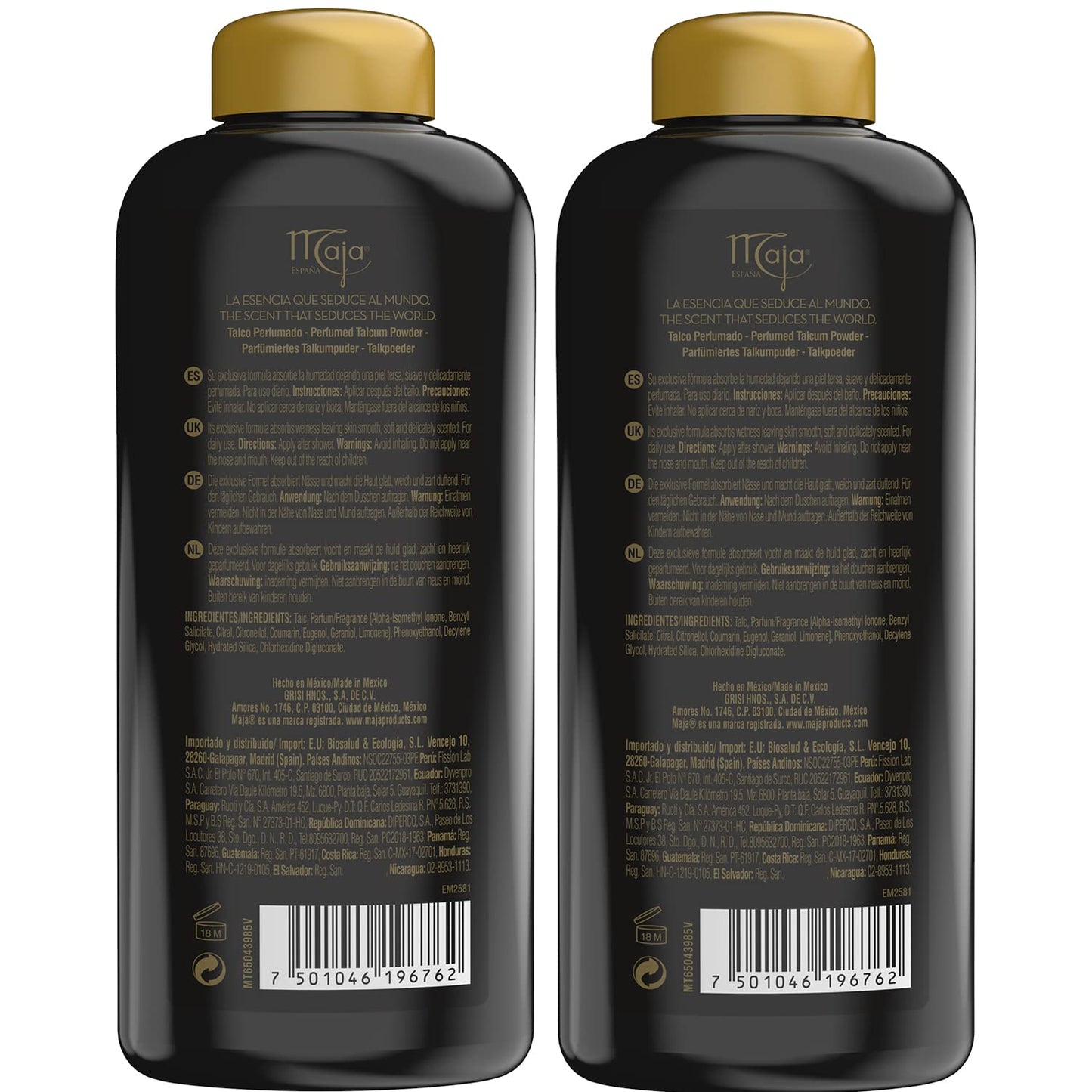 Maja Talco Perfumado body powder showing the secure cocktail shaker style perforated inner lid