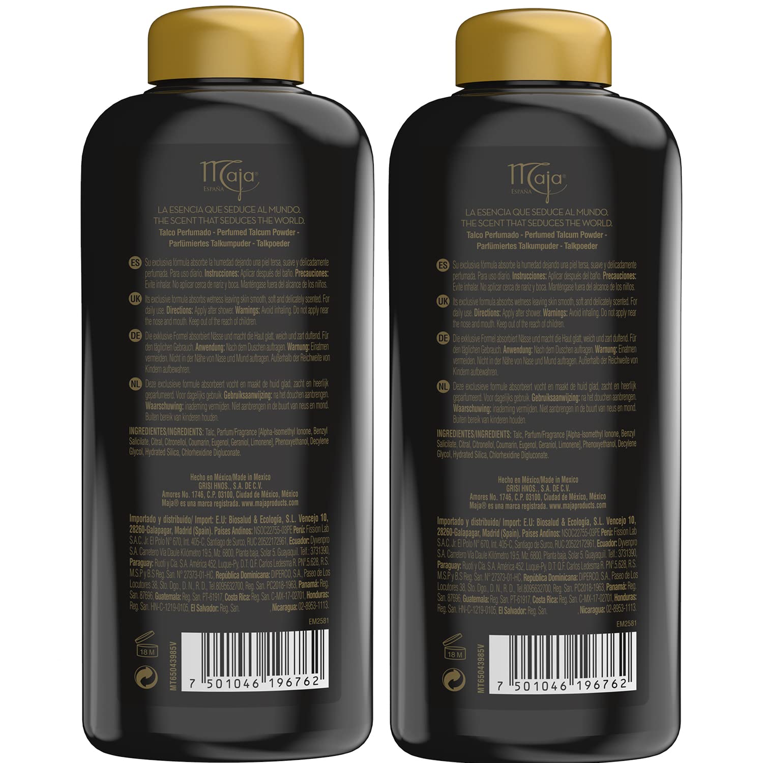 Maja Talco Perfumado body powder showing the secure cocktail shaker style perforated inner lid