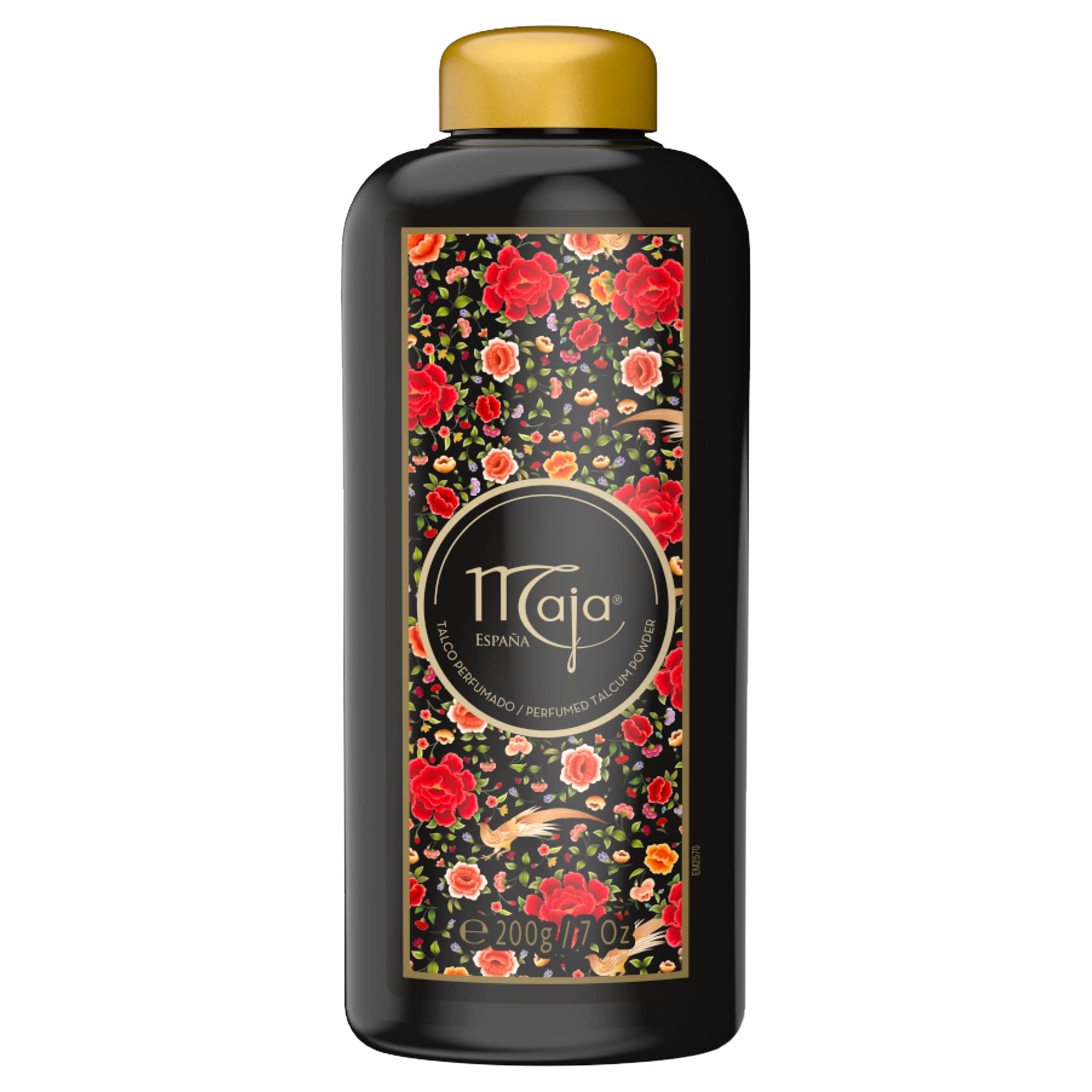 Back label of Myrurgia Maja luxury perfumed powder displaying product ingredients and details