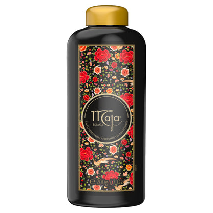 Back label of Myrurgia Maja luxury perfumed powder displaying product ingredients and details