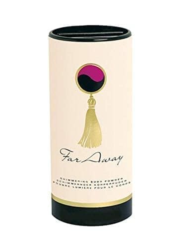 Close up look of the authentic imported Avon Far Away shimmering talcum powder highlighting the brand label and product details.