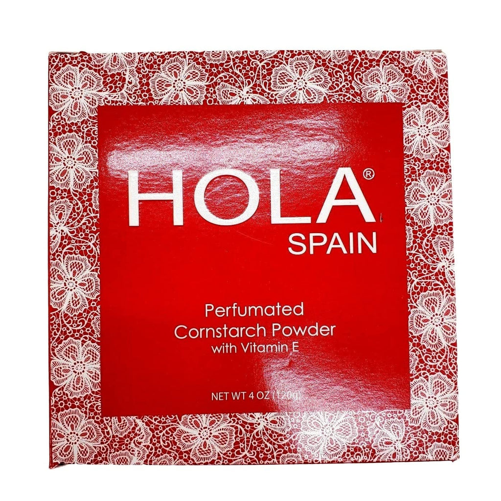Hola Spain perfumed cornstarch dusting powder container with the included soft white application puff