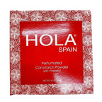 Hola Spain perfumed cornstarch dusting powder container with the included soft white application puff