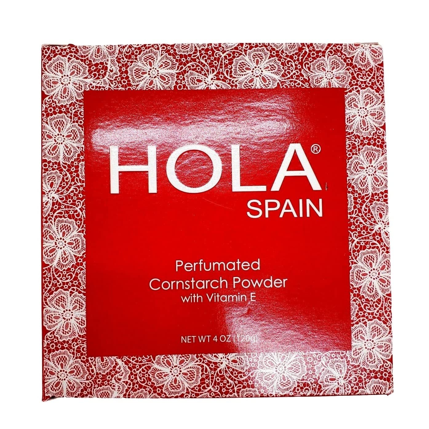 Hola Spain perfumed cornstarch dusting powder container with the included soft white application puff