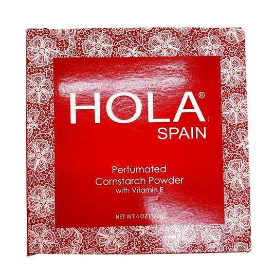 Hola Spain perfumed cornstarch dusting powder container with the included soft white application puff