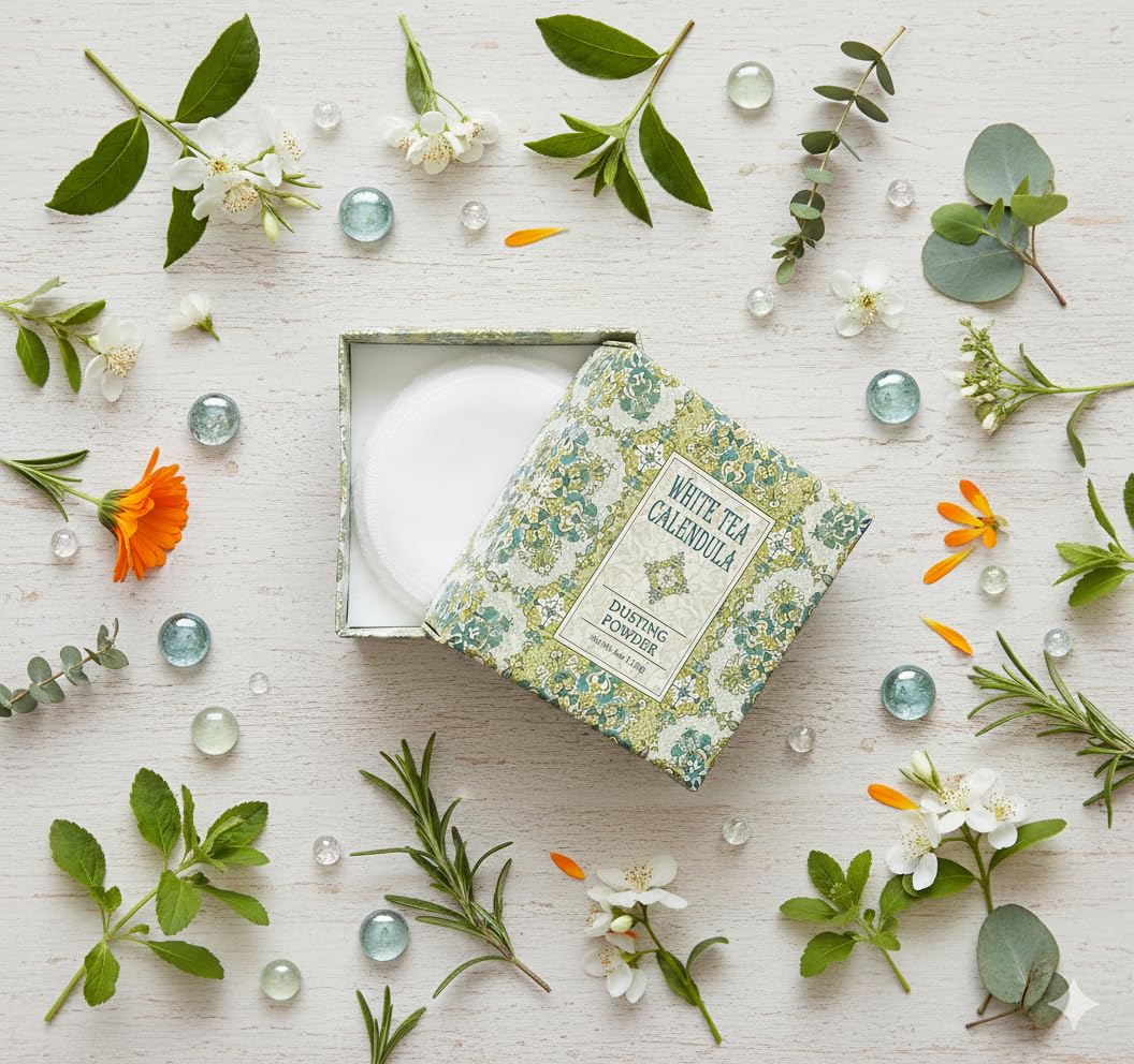 Greenwich Bay Trading Company talc free botanical body powder container showcasing luxury paper packaging
