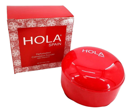 Side angle view of Hola Spain skin petal four ounce perfumed body powder container