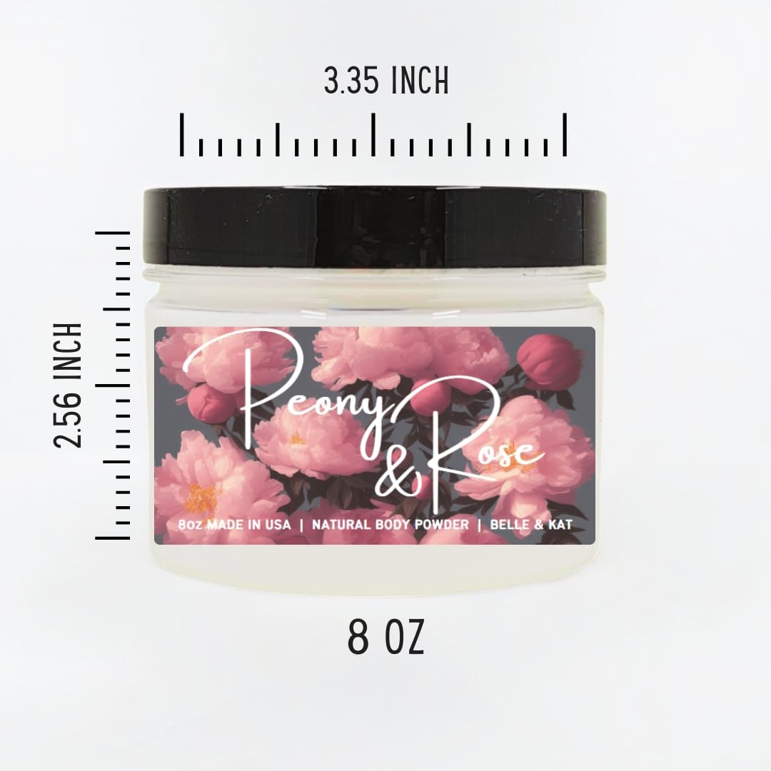 Talc free natural dusting powder container showcasing the floral fragrance blend of peony and rose petals.