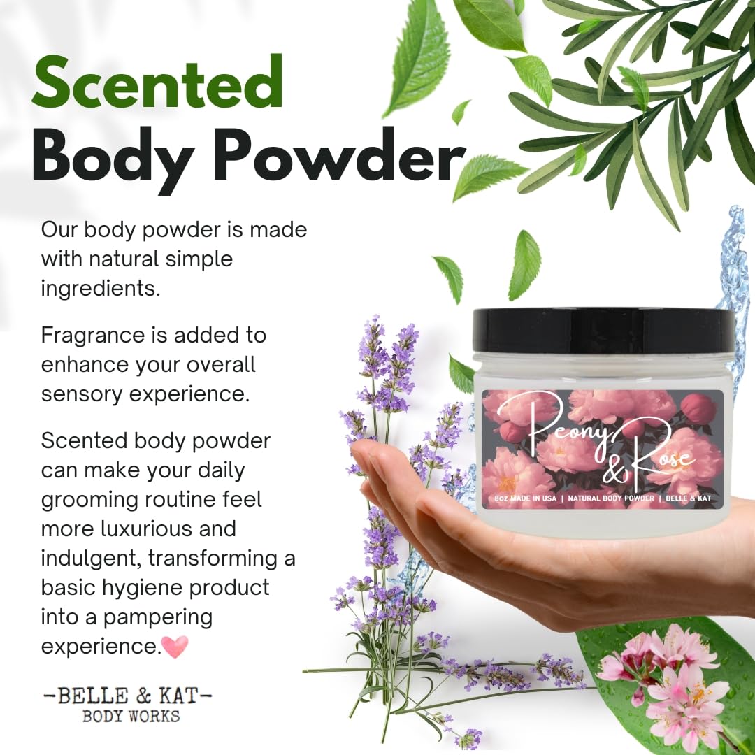 Belle and Kat premium body powder for men and women illustrating the secure screw on lid packaging.
