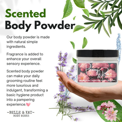 Belle and Kat premium body powder for men and women illustrating the secure screw on lid packaging.