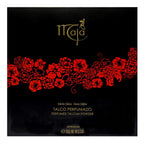 Myrurgia Maja luxury body powder opened container revealing the premium plush application puff