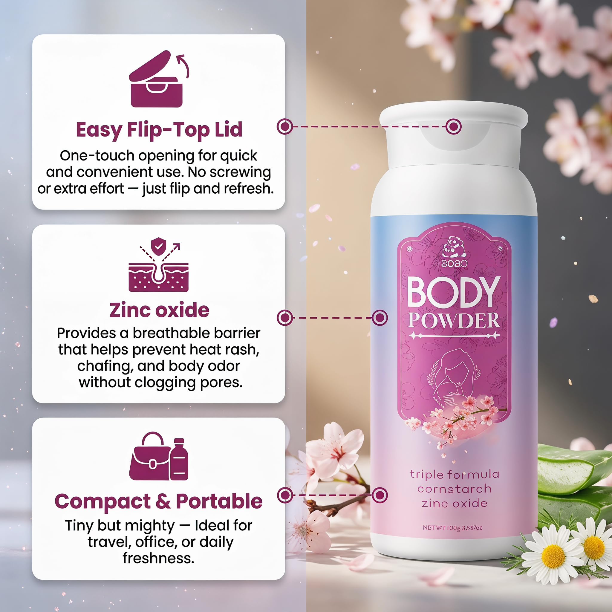 Talc free body powder with aloe vera and zinc oxide for anti chafing defense.