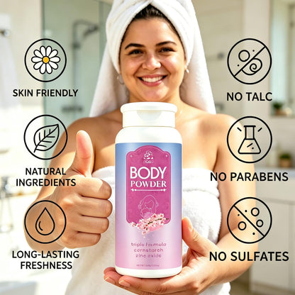 Sakura cherry blossom scented feminine powder for skin dryness and odor control.