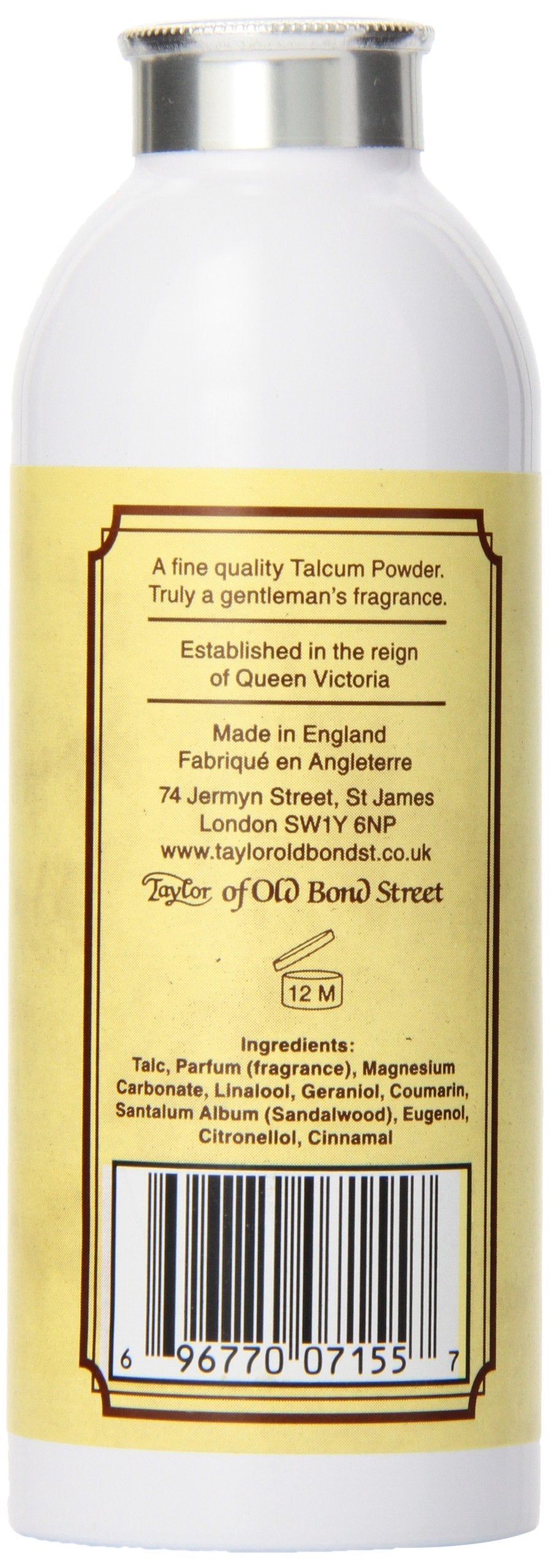 Luxury mens grooming talc by Taylor of Old Bond Street with gold label