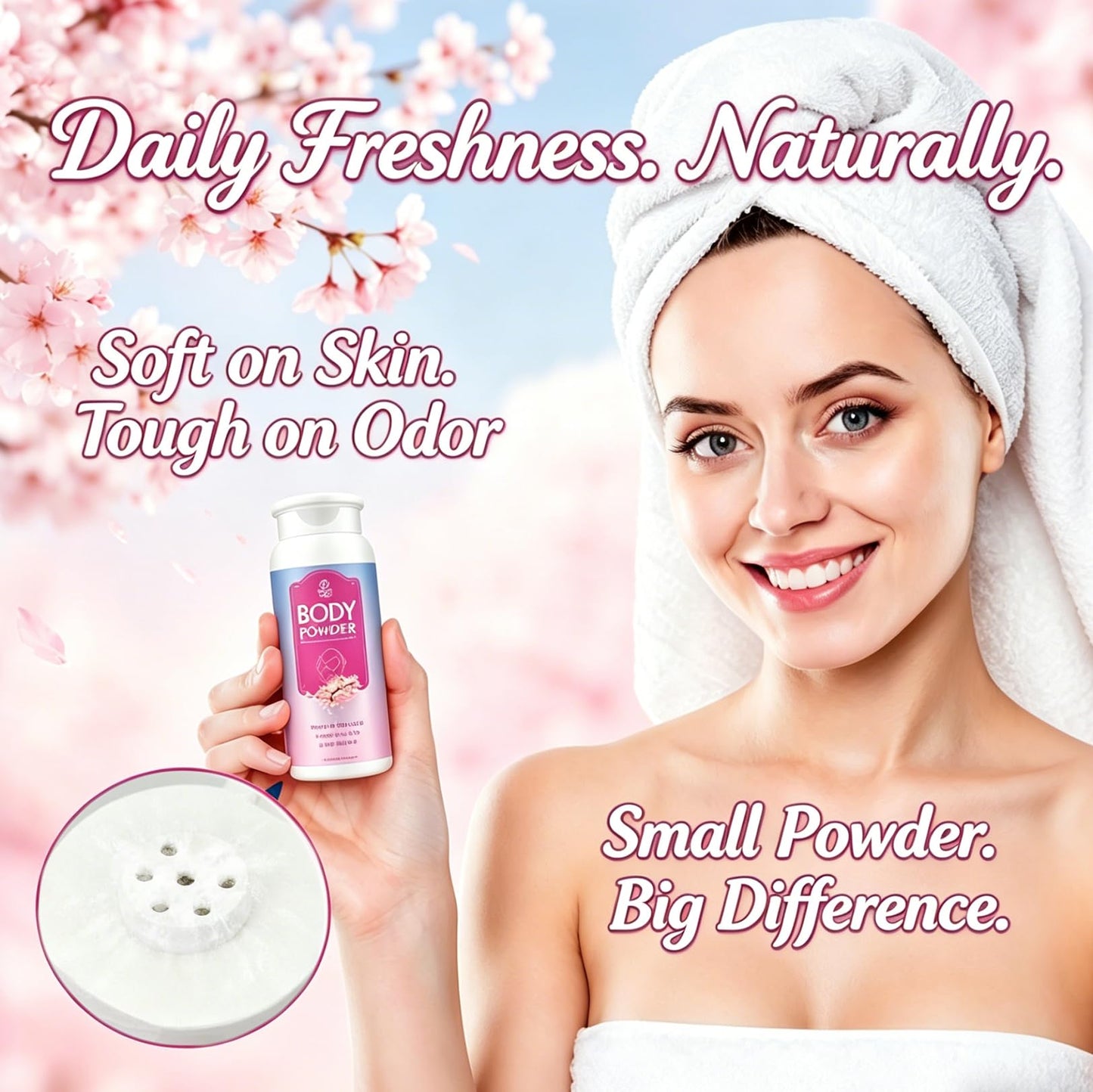 Travel friendly 3.53 ounce bottle of imported luxury feminine dusting powder.