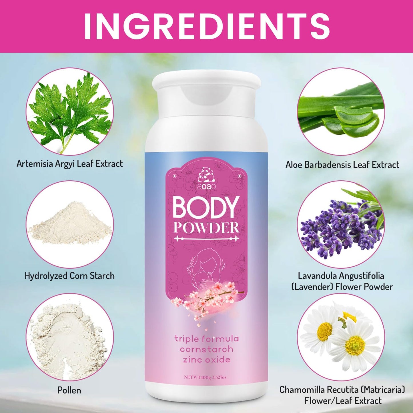 Sweat absorbing body powder bottle showing ingredients list and usage directions.