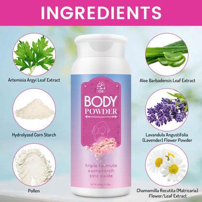 Sweat absorbing body powder bottle showing ingredients list and usage directions.