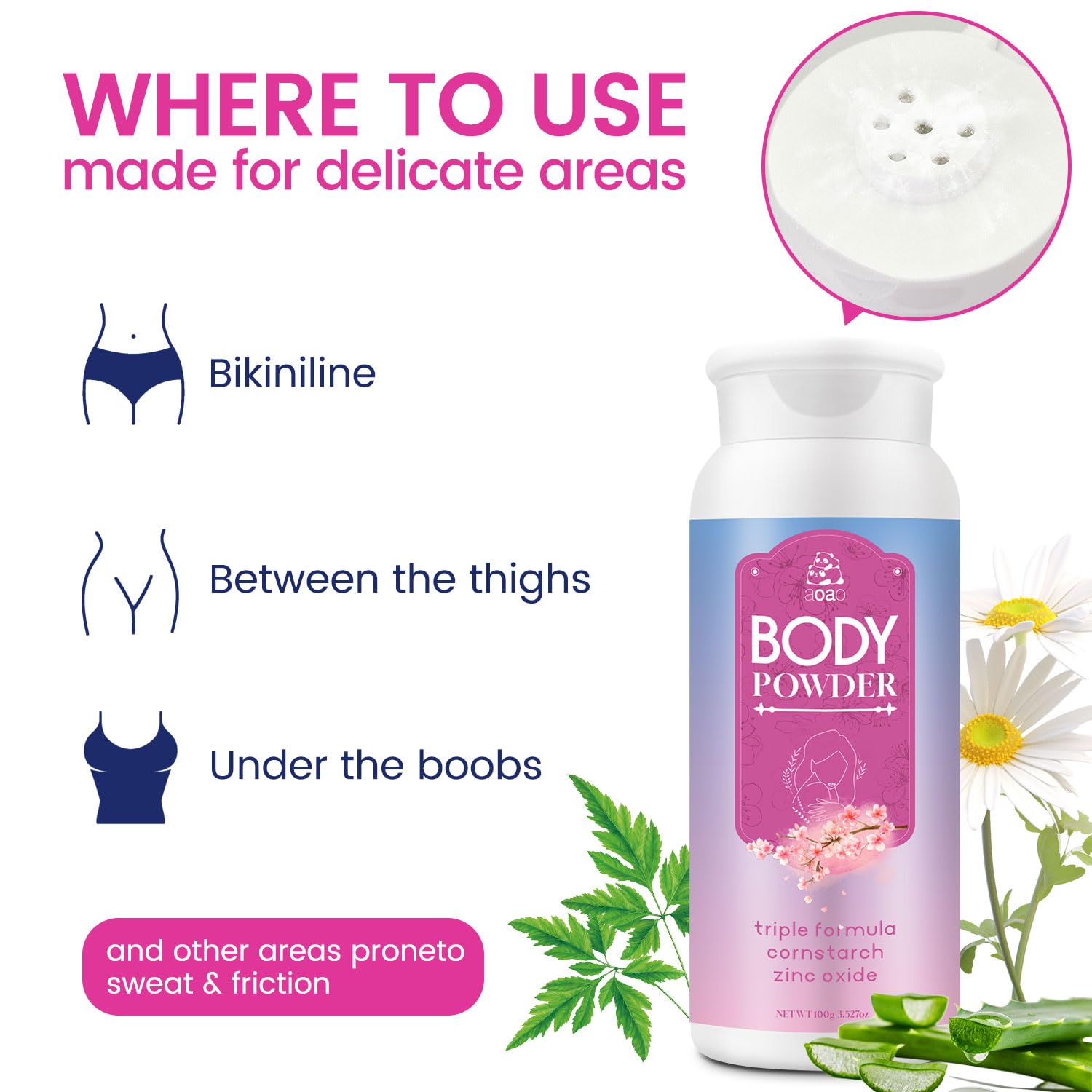Gentle talc free formula body powder suitable for sensitive skin protection.