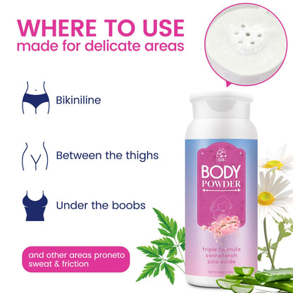 Gentle talc free formula body powder suitable for sensitive skin protection.