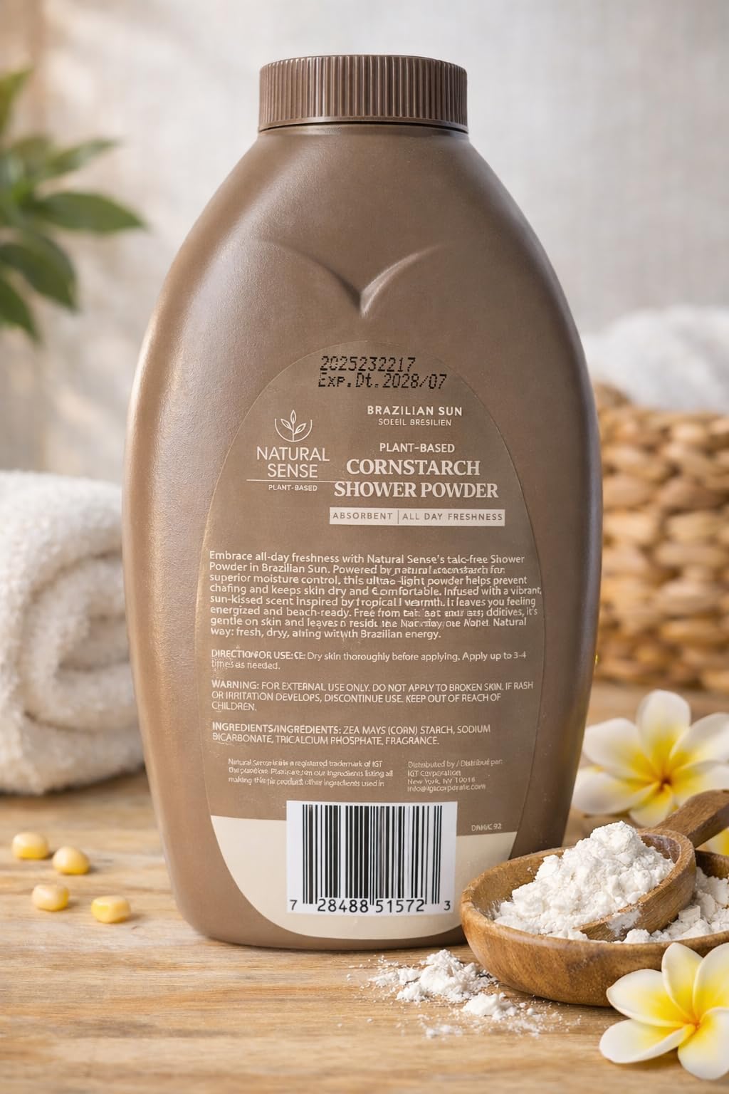 Natural Sense Soleil Bresilien ten ounce talc free body powder packaging detail