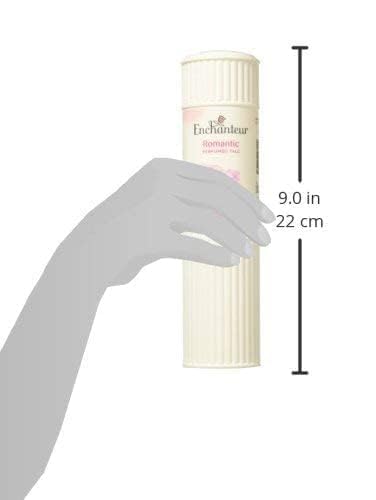 Side profile of the Enchanteur Romantic 7.05 ounce talcum powder container focusing on product authenticity.