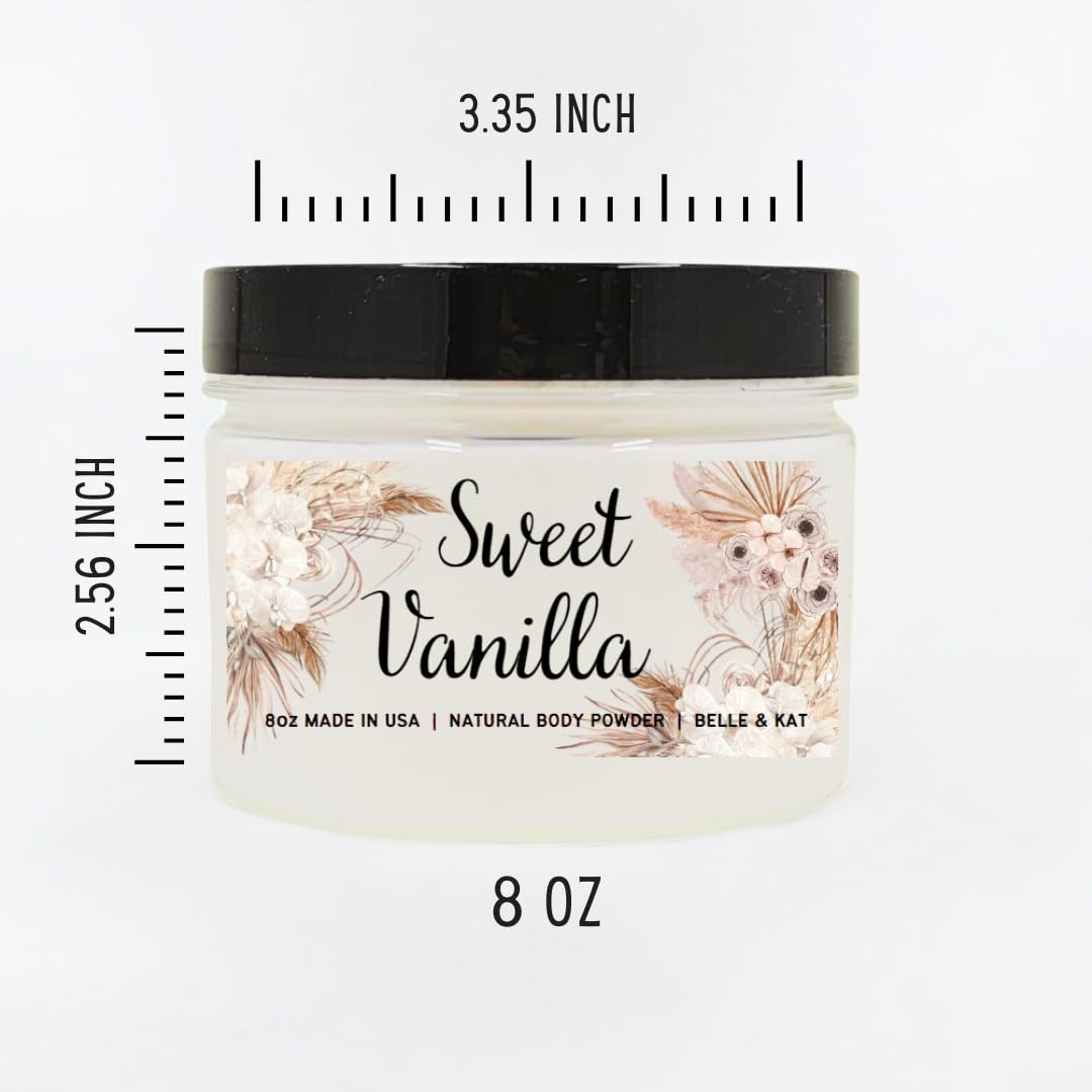 Talc free natural dusting powder with Madagascar vanilla packaging details