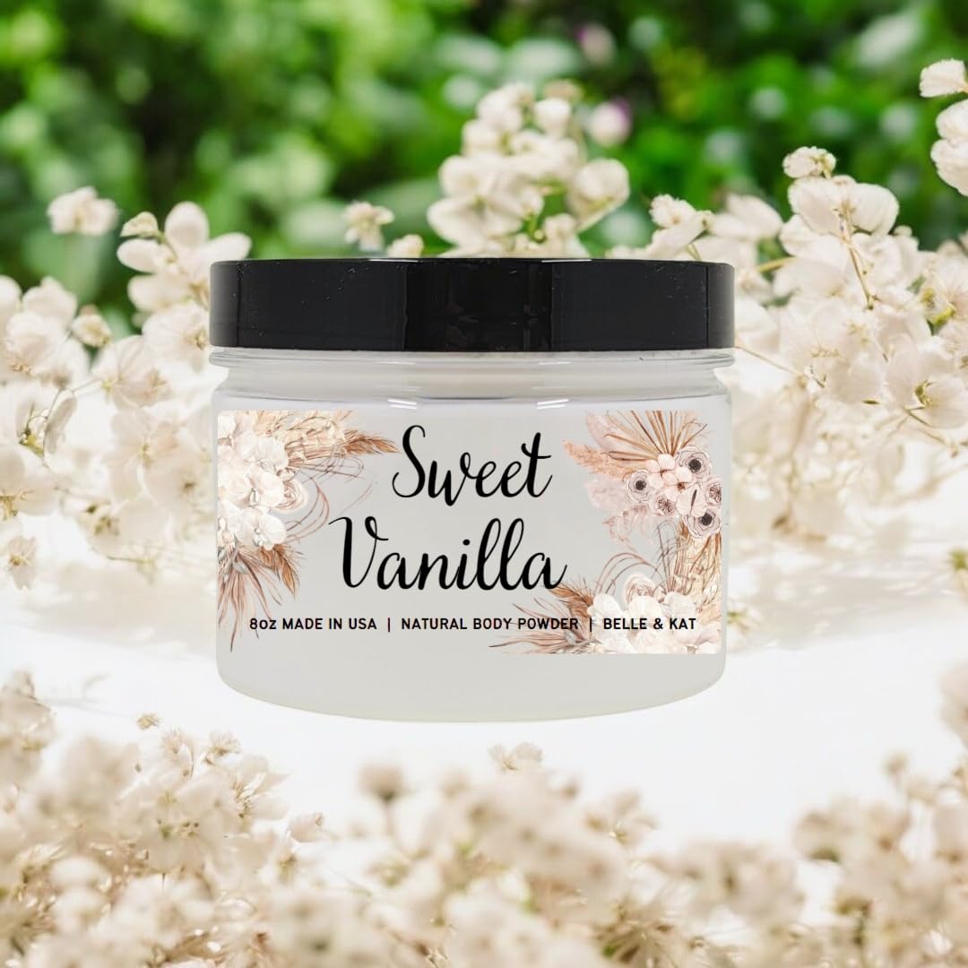 Finely milled vanilla and essential oil body powder consistency close up view