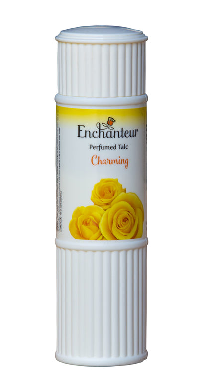 Enchanteur Romantic Charming and Alluring talc bottles displayed together for a complete fragrance collection.
