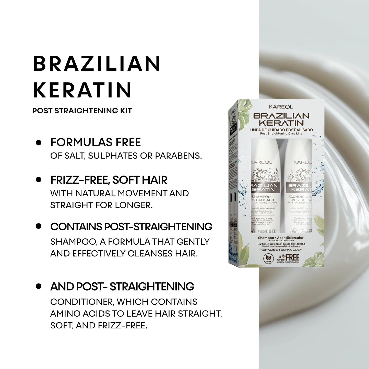 Close up of Kareol Brazilian Keratin post treatment bottles