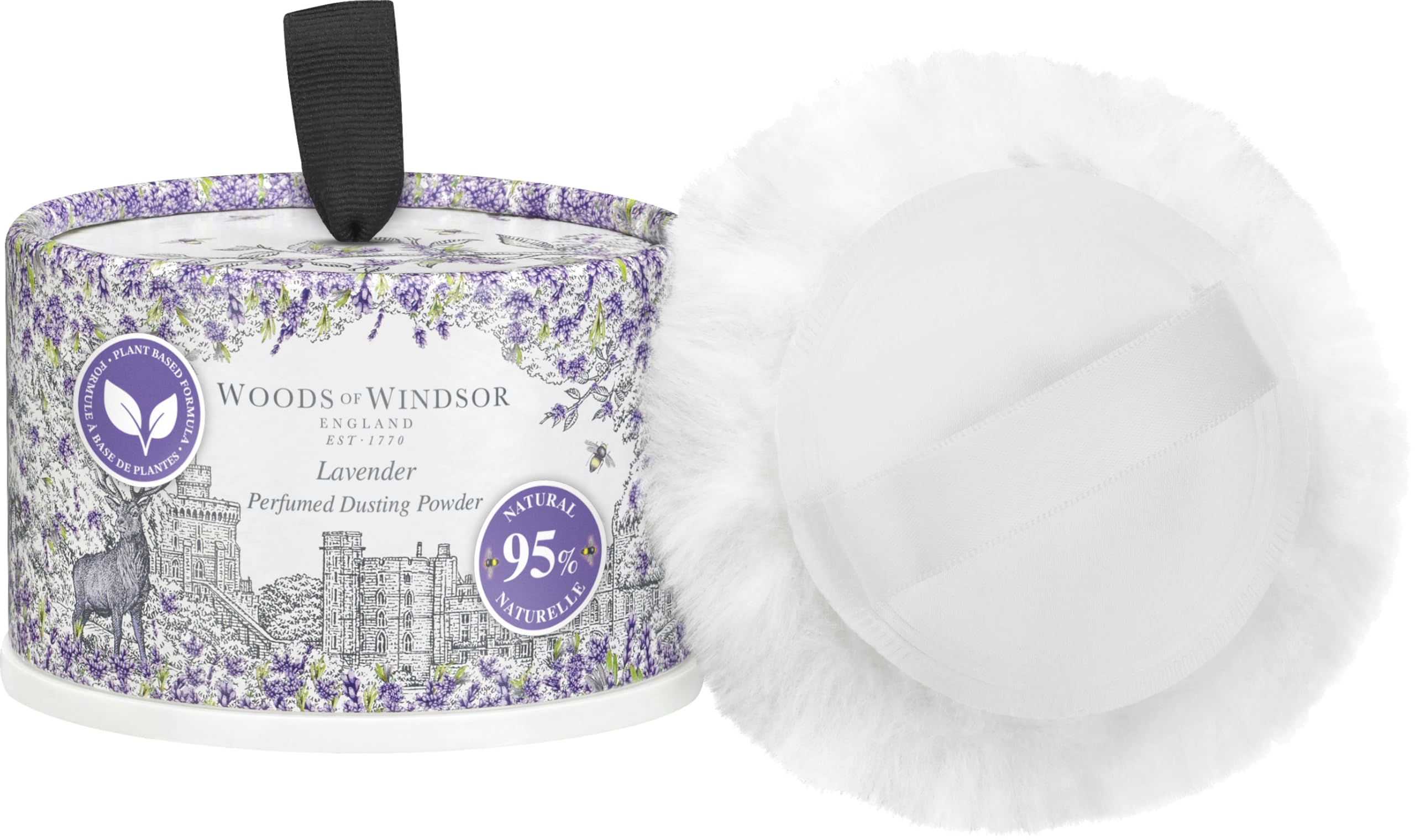 Woods of Windsor luxury lavender dusting powder container with the included plush body puff