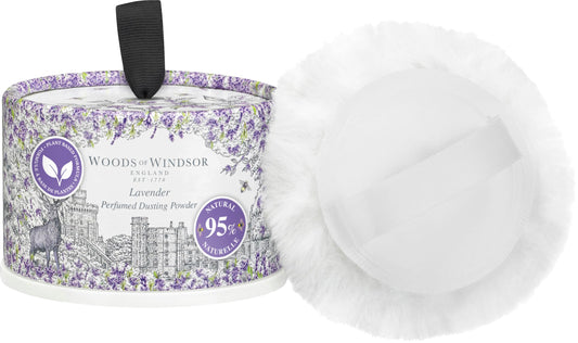 Woods of Windsor luxury lavender dusting powder container with the included plush body puff
