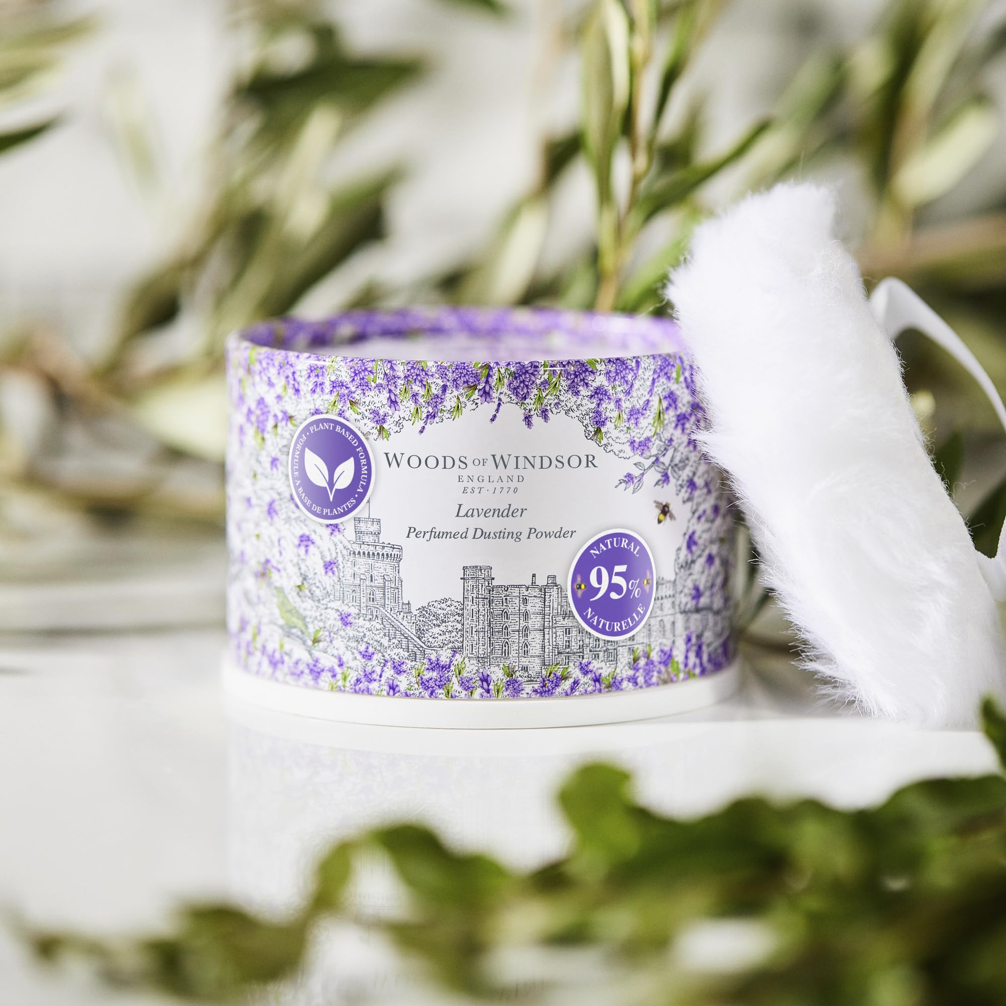 Talc-free lavender body powder for women showcasing the authentic packaging design