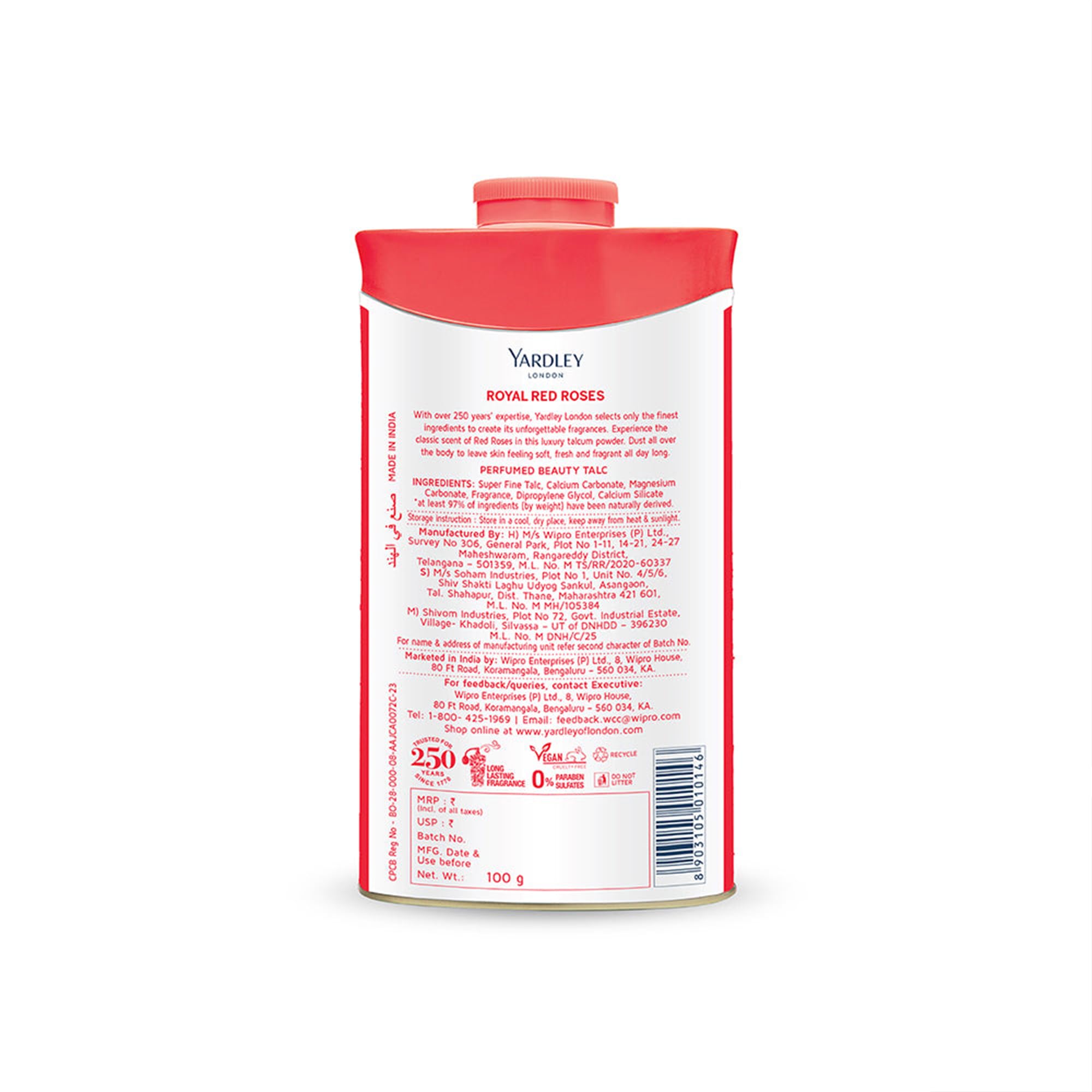 Authentic imported Yardley Red Rose body powder close-up shot showing product details