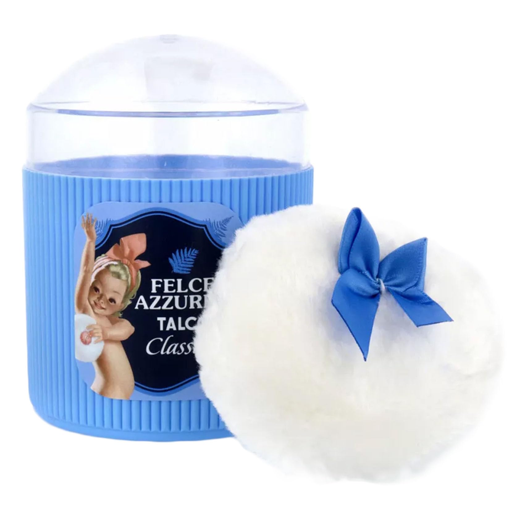 Felce Azzurra body dusting powder with the included plush pink puff applicator for smooth skin application.