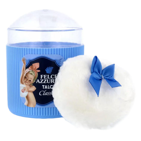 Felce Azzurra body dusting powder with the included plush pink puff applicator for smooth skin application.